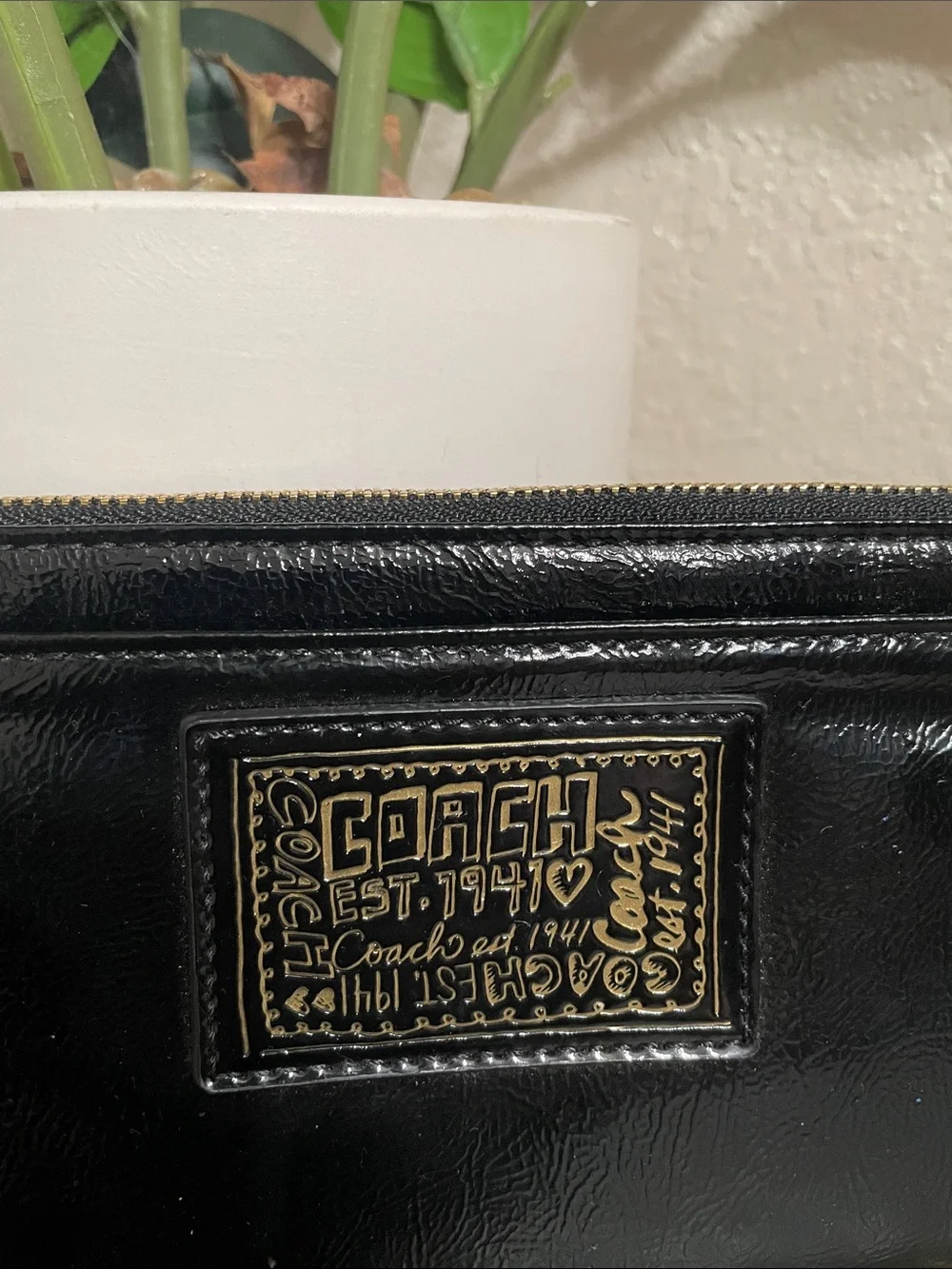 Coach Poppy Black Patent Leather Wristlet Wallet with Gold Plaque